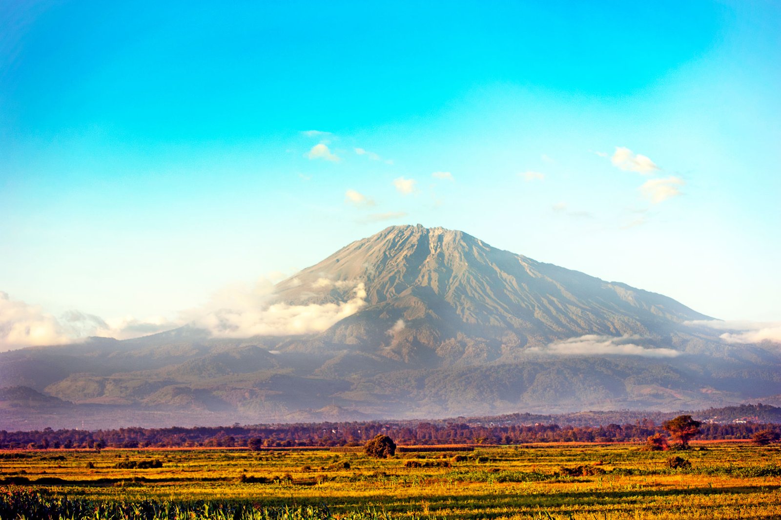 The peak of the mountain, Mount Meru, stands above the surrounding cloud base, seen across the farmed agricultural plains of Arusha, Tanzania, Africa